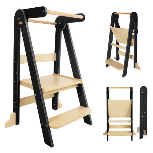 HARPPA Foldable Toddler Kitchen Tower, Standing Stools for Kids Age 1.5-6 Years, Black