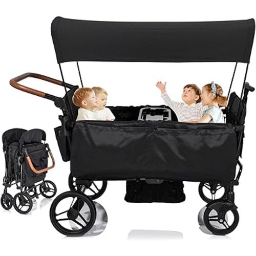 Stroller Wagon for 4 Kids Seated-Tandem Fold Stroller Push-Pull Lightweight Travel Trolley with 5-Point Harness,Adjustable Handle and Canopy,Mosquito Net,Footwells,Child Tray,Cup Holder,Storage