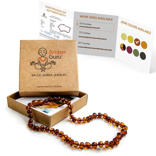 Amber Guru Baltic Amber Necklace (Authentic, Certified) - 12.5 inches - Unisex Jewelry - Cognac (Polished) - Real Amber Beads - Proud to Deliver Genuine Baltic Sea Wonder - Ambar