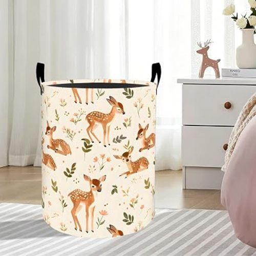 Deer Laundry Basket,Watercolor Woodland Clothes Hamper 19.7"X15.7"