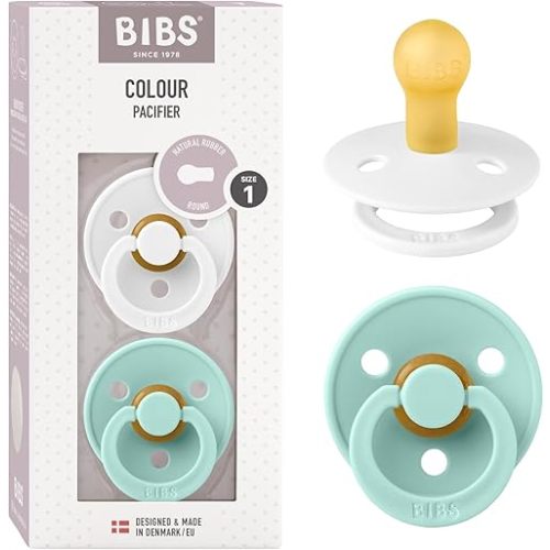 BIBS Pacifiers Colour Collection | Natural Rubber Baby Pacifier | Set of 2 BPA-Free Soothers | Made in Denmark | 0+ Months (Pack of 2) | White/Mint