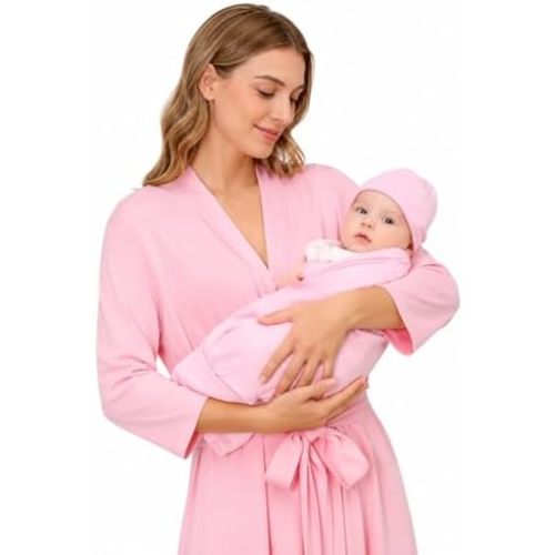 Mommy and Me Maternity Robe Set with Baby Swaddle & Hat for Labor Delivery Postpartum Hospital Outfit