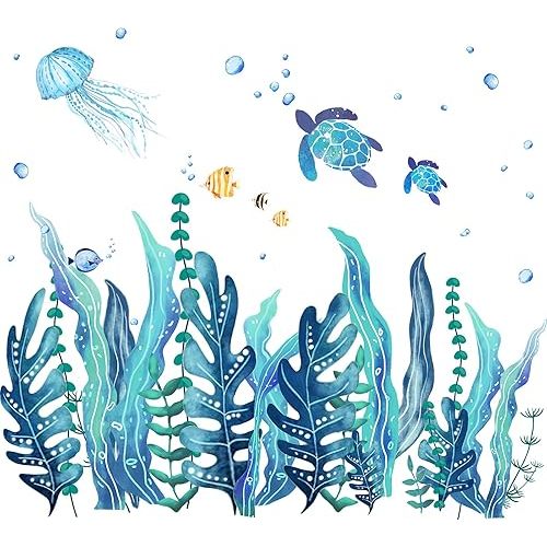Tenare 5 Sheets Turtle Wall Decals Stickers Under The Sea Stickers Ocean Grass Jellyfish Fish Removable Vinyl Decal for Bedroom Bathroom Nursery Room Wall Decor(Classic Style)