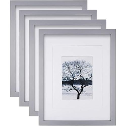 Egofine 11x14 Picture Frames, 4 Pack Display Pictures 5x7/8x10 with Mat or 11x14 Without Mat Made of Solid Wood Covered by Plexiglass for Table Top Display and Wall Mounting Photo Frame, Light Gray