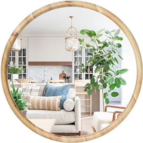 sawsile Natural Wood Mirror 24" Decorative Rustic Large Circle Mirror Round Farmhouse Mirror for Living Room, Fireplace,Hallway,Farmhouse