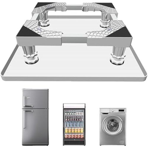 Mini Fridge Stand with Silicone Drip Tray, Universal Adjustable Base with 4 Strong Feet, 23.6" x 23.6" Mini Fridge Mat, Suitable for Small Refrigerators, Portable Compact Washer or Dryer, White