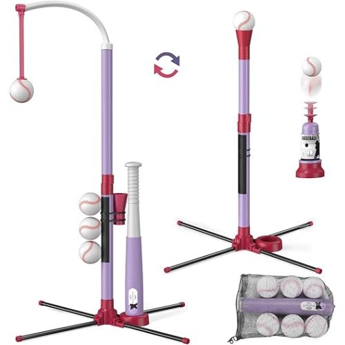 3-in-1 T Ball Set - Adjustable Height, Hanging Tee Ball Set with Automatic Pitching Machine/6 Balls/Retractable Bat, TBall Stand Suit for Outdoor, Sport Toys Gifts for Kids Girls Age 3+