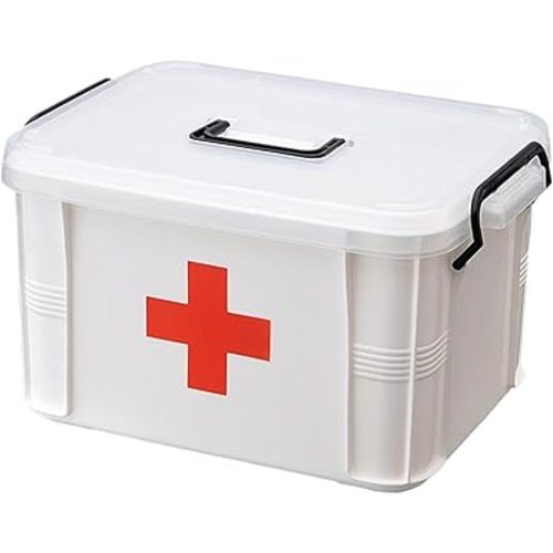 Medicine Storage Box 10x7x5" 2-Tier Portable First Aid Storage Box with Sealing Buckle & Clear Lid Large Capacity First Aid Organizer for Home Travel Camping School First Aid Box First Aid Container
