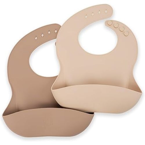 Silicone Bib 2-Pack: Safe, Non-Toxic, Food-Grade. Waterproof, Adjustable Neck Band, Easy-Clean Pouch Catcher.