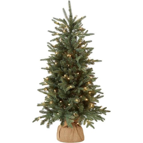 National Tree Company Pre-lit Artificial Mini Christmas Tree | Includes Small Lights and Cloth Bag Base | for Tabletop or Desk | Burlap-4 ft, 4', Green
