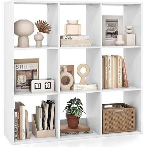 Tangkula 9-Cube Bookcase, 4-Tier Bookshelf with Open Compartments, Freestanding Cube Storage Organizer with Anti-Toppling Kits, Modern Display Shelf for Living Room, Study, Office, White (1,9-Cube)