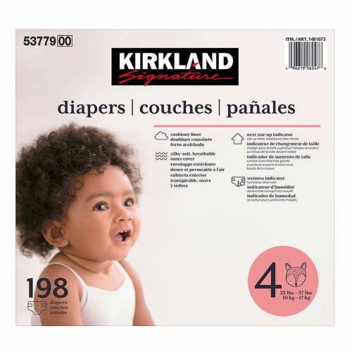 Kirkland Signature Diapers, Size 4 (22-37 lb/10-17 kg), Super Absorbent, Breathable, Eco-Friendly, 198 Counts