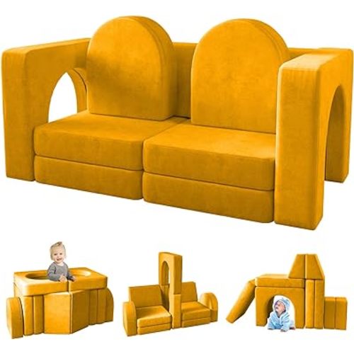 wanan Kids Couch 10PCS, Modular Kids Play Couch for Playroom Bedroom, 10 in 1 Multifunctional Kid Sofa for Playing, Creativing, Sleeping, Indoor Toddler Couches for Boys and Girls(Yellow)