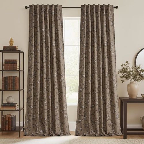 Floral Blackout Curtains 84 Inches Long, Two-Layer Printed Linen Drapes Elegant French Country Decor for Living Room/Kitchen/Bathroom, W52xL84,Khaki, 2 Panels
