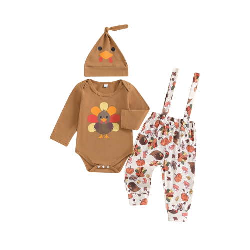 Suealasg Newborn Infant Boys Thanksgiving Outfits 3Pcs Baby Boys Fall Clothes 1 3 6 9 12 Months Turkey Print Crew Neck Long Sleeve Rompers Overall Pants Hat Set