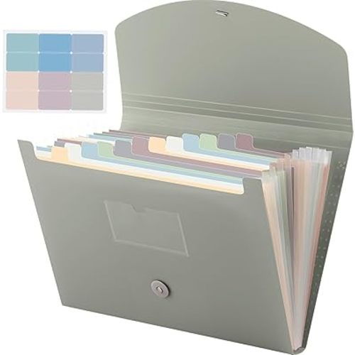 Cholemy Expanding File Folder 13 Pockets File Organizer with Labels A4 Letter Size Receipt Document Organizer Plastic Expandable Filing Folders for Office, Home(Green)