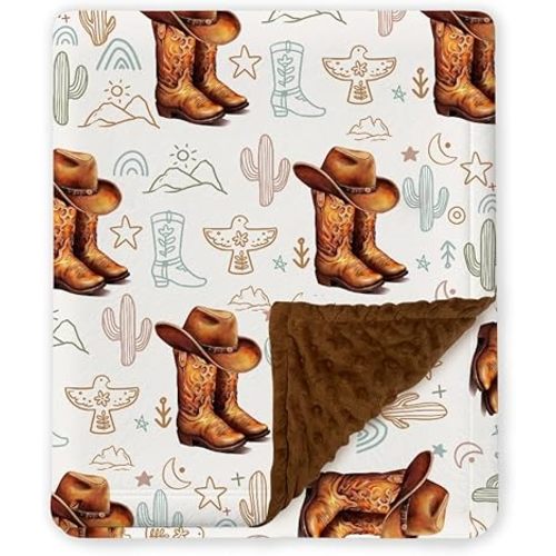 Western Baby Blanket, Cowboy Minky Blankets for Boys Girls, Nursery Room Decor, Soft Warm Lightweight Nursery Bed Blanket for Newborn Toddlers Son Daughter (01)