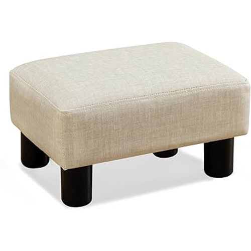 LUE BONA Small Rectangle Foot Stool, PU Linen Fabric Footrest Ottoman with Non-Skid Plastic Legs, Modern Rectangle Footrest Small Step Stool Ottoman for Couch, Desk, Office, Living Room, Beige