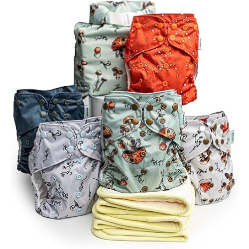Kinder Cloth Diapers Set of 5 Reusable Baby Diapers Pocket Style Athletic Wicking Jersey, Bamboo Viscose Inserts, Wet Bag, Newborn to Potty Training 7-60lbs, One Size (Forest Fairytale)