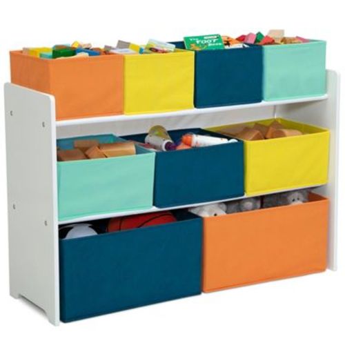 Delta Children Deluxe Multi-bin Toy Organizer With Storage Bins - Greenguard Gold Certified - White With Navy/green/pastel Bins