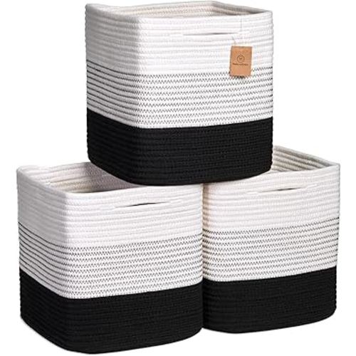 NaturalCozy Storage Cubes 11 Inch Cotton Rope Woven Baskets for Organizing, 3-Pack | Cube Storage Bin | Square Storage Baskets for Shelves Organizer, Classroom, Kids Toy Bins, Closet, Baby Nursery
