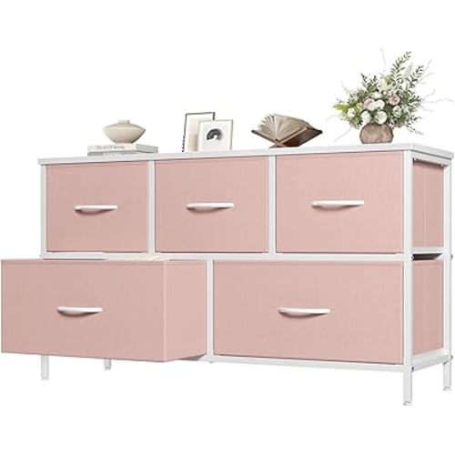 OLIXIS Pink Dresser for Girls Bedroom, Wide Dresser for Closet, 5 Drawers