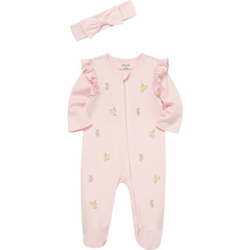 Floral Embroidered Cotton Footie & Headband Set, 3M