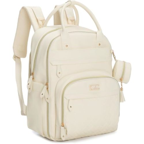 BabbleRoo Leather Diaper Bag Backpack - Baby Essentials Travel Baby Bag, Multi function, Waterproof, with Changing Pad, Stroller Straps & Pacifier Case – Unisex, Eggshell White