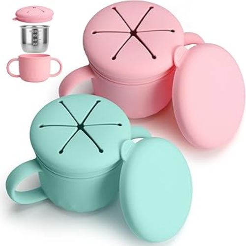 Snack Cups for Toddlers Spill Proof, Stainless Steel Snack Containers for Kids, Reusable Toddler Snack Containers with Lid & Handle, Baby Snack Cups, Dishwasher Safe 2 Pack