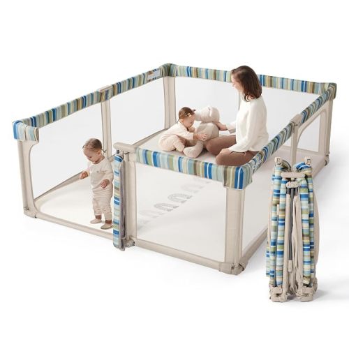 Baby Playpen Portable, Pre-Assembled Play Pen 59x59 Large Foldable Playpen for Babies and Toddlers, Sturdy and Safe Toddler Play Yard Indoor Outdoor with Carry Bag,Grey