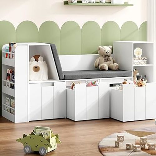 61.5" Kids Reading Nook with 3-Layer Bookshelf, Reading Nook for Kids with Double Bench and Rolling Drawers, Bookshelf and Toy Storage for Nursery, Playroom (White)
