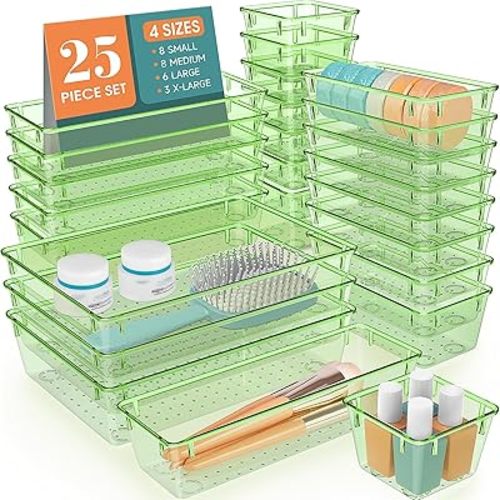 WOWBOX 25 PCS Plastic Drawer Organizer Set, 4 Sizes Desk Drawer Divider Organizers and Storage Bins for Makeup, Jewelry, Gadgets for Kitchen, Bedroom, Bathroom, Office, Clear Green
