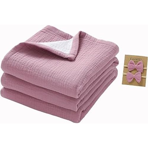 4 Layers Muslin Baby Blankets, 100% Cotton Muslin Toddler Crib Swaddle Blankets, Soft and Lightweight Baby Quilt for Boys and Girls 47 * 47" (Violet+White)