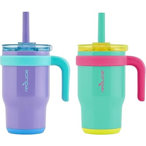 REDUCE 14 oz Coldee Tumbler with Handle for Kids - 2 Pack, Leakproof Insulated Stainless Steel Mug with Lid & Spill-Proof Straw, Keeps Drinks Cold up to 18 Hrs, Purple and Teal