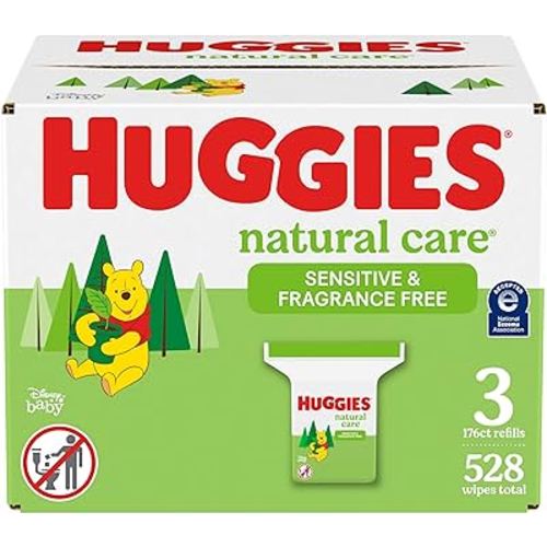 Huggies Natural Care Sensitive Baby Wipes, Unscented, Hypoallergenic, 99% Purified Water, 3 Refill Packs (528 Wipes Total)