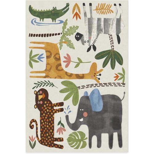 RUGGABLE Washable Area Rug – Animal Safari Multicolor 6x9, Stain-Resistant, Non-Slip with Cushioned Pad – Medium Machine Washable Rugs for Living Room, Bedroom, Hallway, Entryway & Office