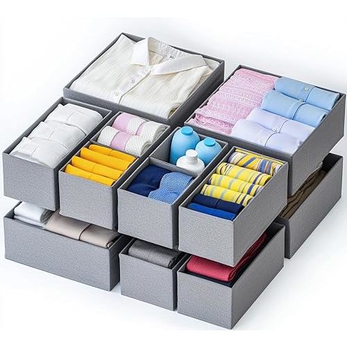 Drawer Organizer Clothes, 12 Pack Fabric Dresser Organizer for Baby Clothes, Underwear, Sock, Diapers- Foldable Closet Organization and Storage Dividers Bins for Nursery, Bedroom (Grey)