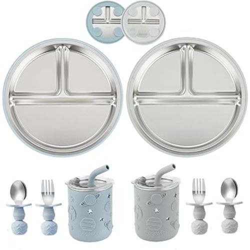 PandaEar Stainless Steel Baby Feeding Set | 2 Divided Suction Plates, 2 Spill-Proof Straw Cups with Silicone Sleeves, 2 Forks & 2 Spoons | Toddler Utensils for Baby Led Weaning, BPA-Free (Blue & Grey)