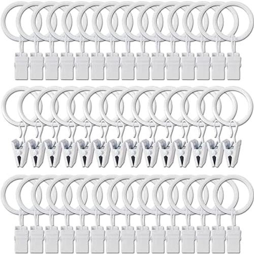 AMZSEVEN 44 Pack Metal Curtain Rings with Clips, Curtain Hangers Clips, Drapery Clips with Rings, Drapes Rings 1 in Interior Diameter, Fits Diameter 5/8 in Curtain Rod, Rustproof White