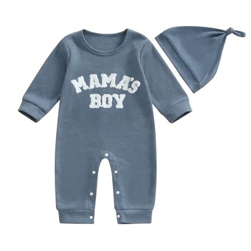 NZNDSHD Baby Boy Romper Fall Clothes Long Sleeve Waffle Knit Jumpsuit Mamas Boy Little Dude Embroidered Bodysuit with Hat