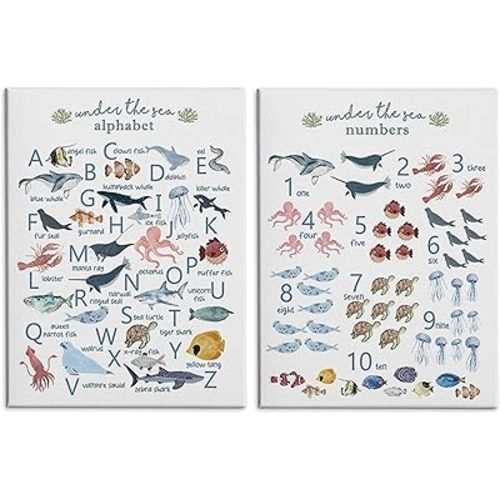 HRQKO Ocean Nursery Alphabet Numbers Canvas Wall Art Set of 2, Under the Sea Ocean Animals Framed Art, ABC Numbers Learning Posters Wall Decor for Classroom Toddler Kids Bedroom Playroom, 11x14 inch