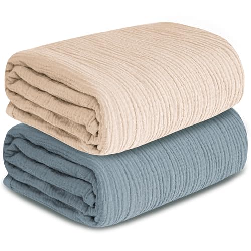 Muslin Swaddle Blankets for Newborn, 2 Pack Breathable Soft Receiving Blanket, Large 41 x 41 inches Swaddle Wrap Burping Clothes, Essentials Infant Shower Items. (Beige & Light Gray)
