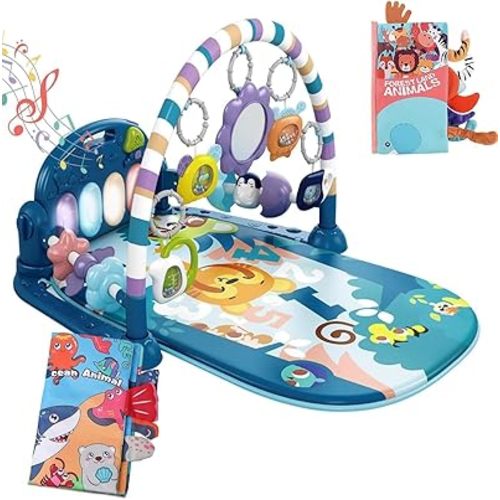 dearlomum Baby Play Mat Baby Gym,Funny Play Piano Tummy Time Baby Activity Mat with 5 Infant Sensory Baby Toys & 2 Baby Book Toys, Boy & Girl Gifts for Newborn 0 to 3 6 9 12 Months(Blue)