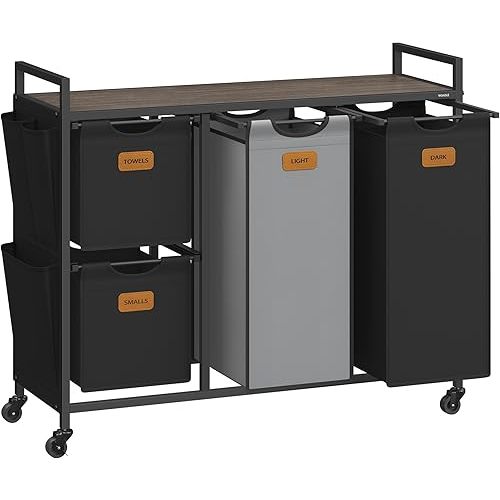 VASAGLE Laundry Hamper with 4 Compartments, 39.6 Gal. (150 L) Laundry Sorter, Rolling Laundry Cart with Shelves, Small Side Pockets, 6 Labels, Chestnut Brown, Ink Black and Dove Gray UBLH203B01
