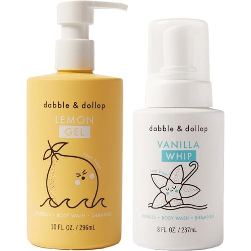 Dabble & Dollop Lemon + Vanilla Kids 3-in-1 Body Wash, Shampoo & Bubble Bath Bundle – Gel + Foam Whip Set, Tear-Free, Gentle, Natural-Origin, Hypoallergenic and Safe for Sensitive Skin (Pack of 2)