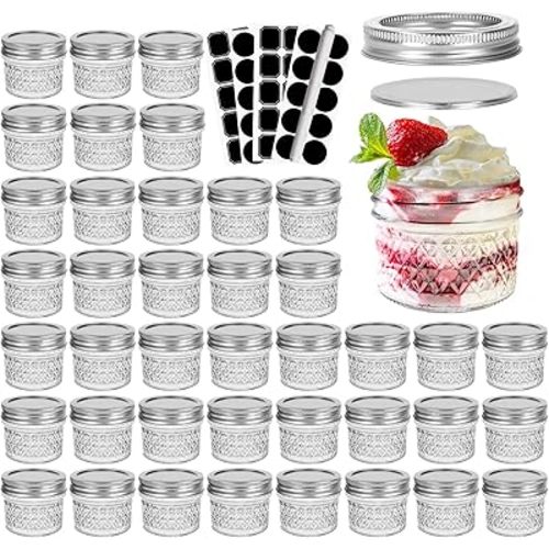 CycleMore 40 Pcs 4oz Clear Glass Mini Mason Jars With Silver Separable Lids and Diamond appearance, Small Spice Canning Jars for Honey, Jam, Jelly, Wedding Favors, Kitchen Food Storage