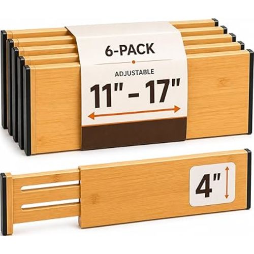 6 Pack Bamboo Drawer Dividers - 4 Inch High, Adjustable 11.5 to 17 Inch Expandable Kitchen Drawer Organizer, Spring Loaded Dresser Separator for Utensils, Clothes, Bedroom, Bathroom, Nursery, Office