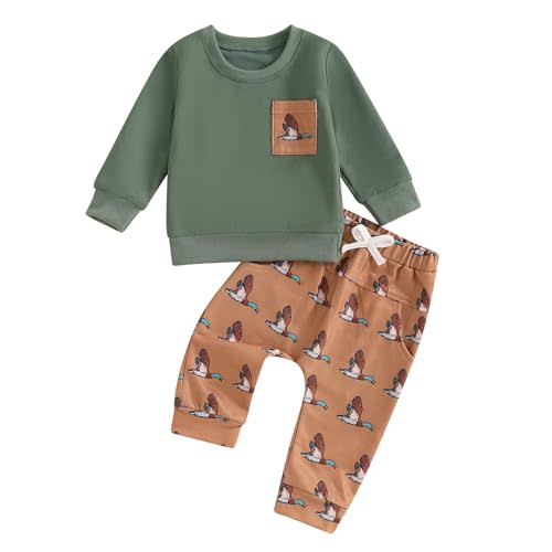 Kids Baby Boys Duck Hunter Clothes Mallard Duck Sweatshirt Pullover Solid Color Pant 2Pcs Toddler Hunting Baby Outfit