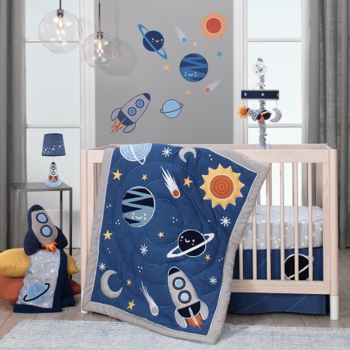 Lambs & Ivy Milky Way Blue/Gray Space Galaxy 4-Piece Nursery Baby Crib Bedding Set