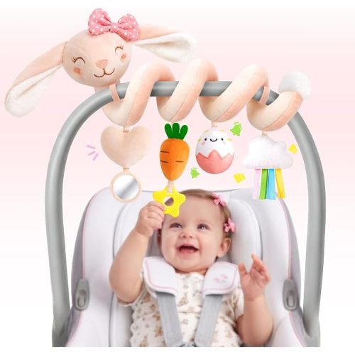 Stuffed Pink Bunny Spiral Car Seat Toys for Baby Girls 0-6 Months, Infant Stroller Toy with Plush Carrot & Star Teether Hanging, Baby Registry Search & Shower Gifts for Newborn Girls